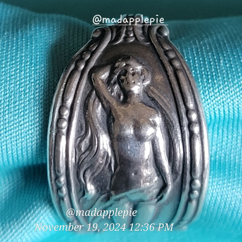 Vintage Sterling Silver Spoon Ring Goddess Woman Nude Muse Nymph Designer #134